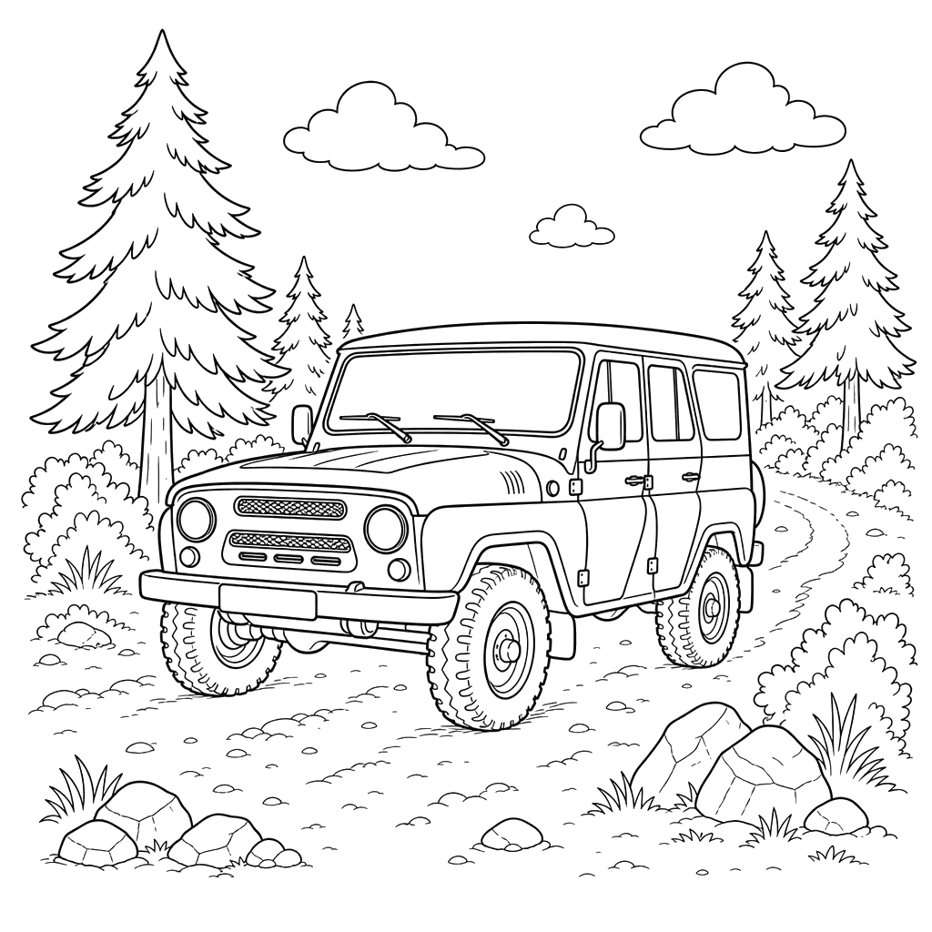 Um UAZ em uma estrada florestal — desenho para colorir
