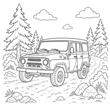 Un UAZ en un camino forestal — dibujo para colorear