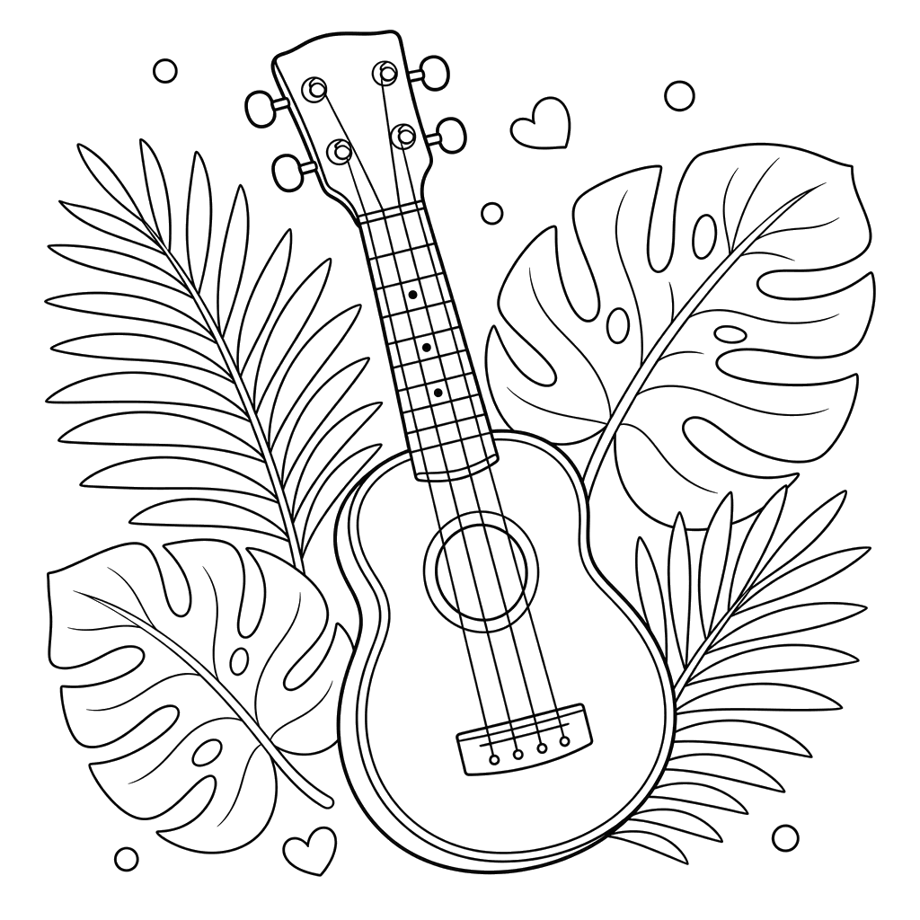Desenho de Ukulele e Folhas de Palmeira para Colorir