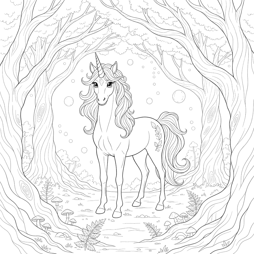 Unicorn Among Ancient Trees Coloring Page