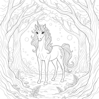 Einhorn im alten Wald Ausmalbild