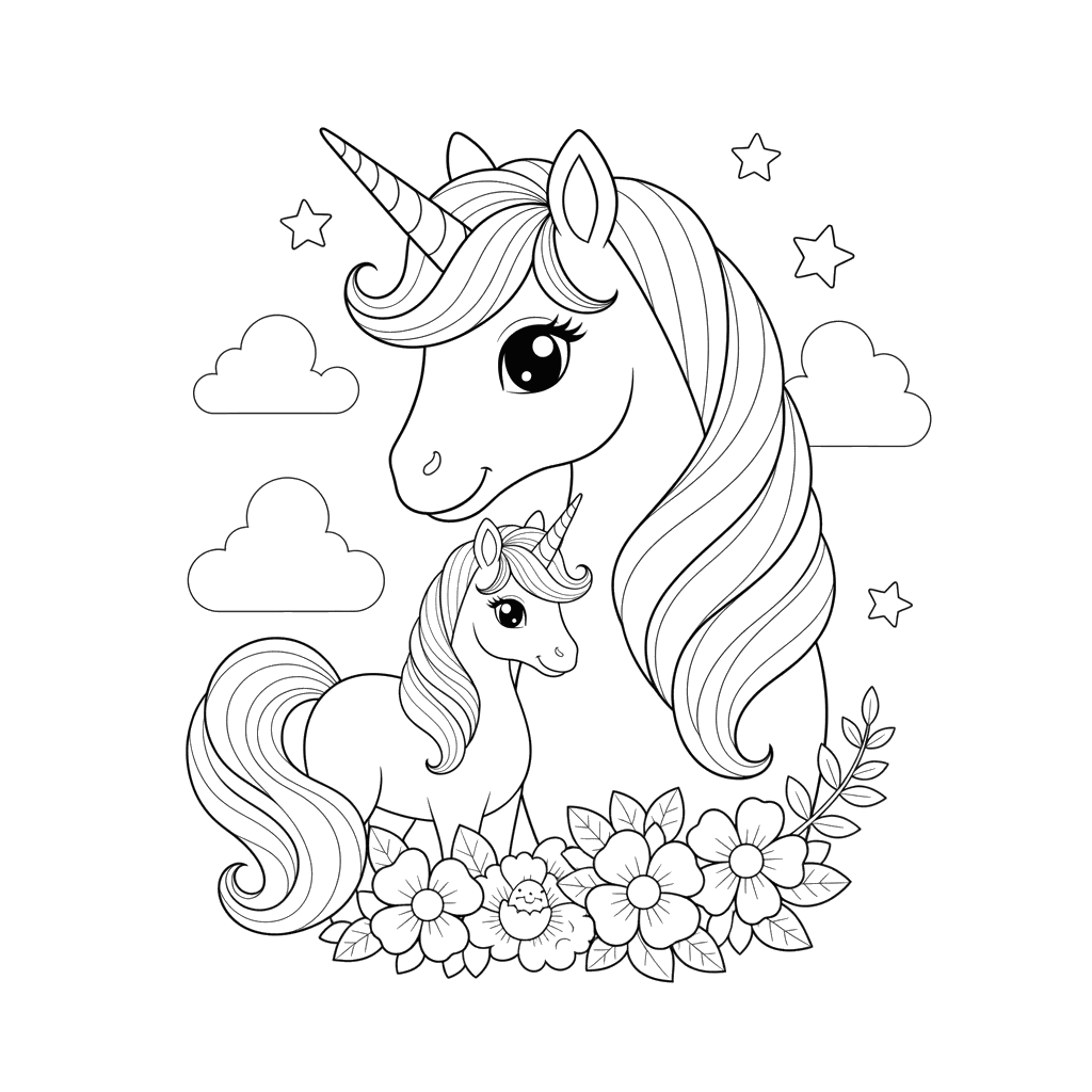Little Unicorn and Mom Coloring Page