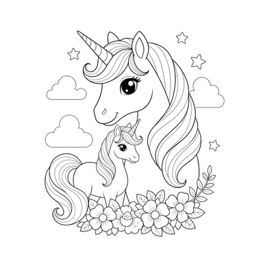 Coloriage Petit Licorne et Maman