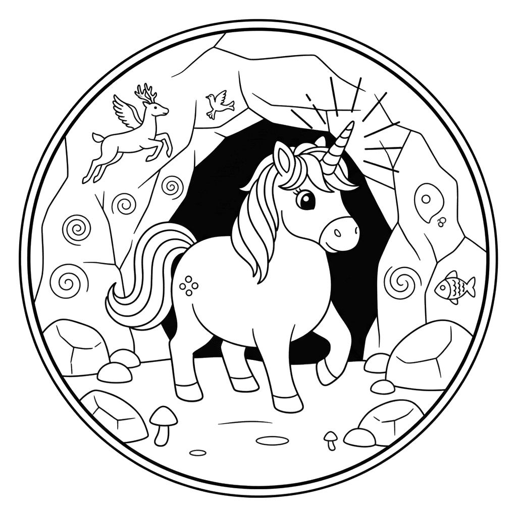 Unicórnio na caverna para colorir