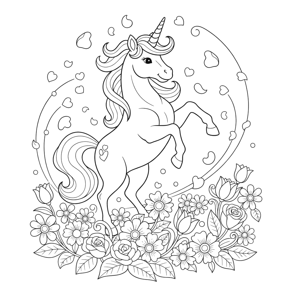 Unicórnio dançando no campo de flores para colorir