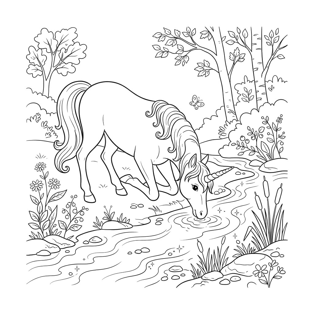 Einhorn trinkt aus Kristallbach Ausmalbild
