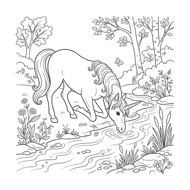 Unicorn Drinking from a Crystal Stream Coloring Page