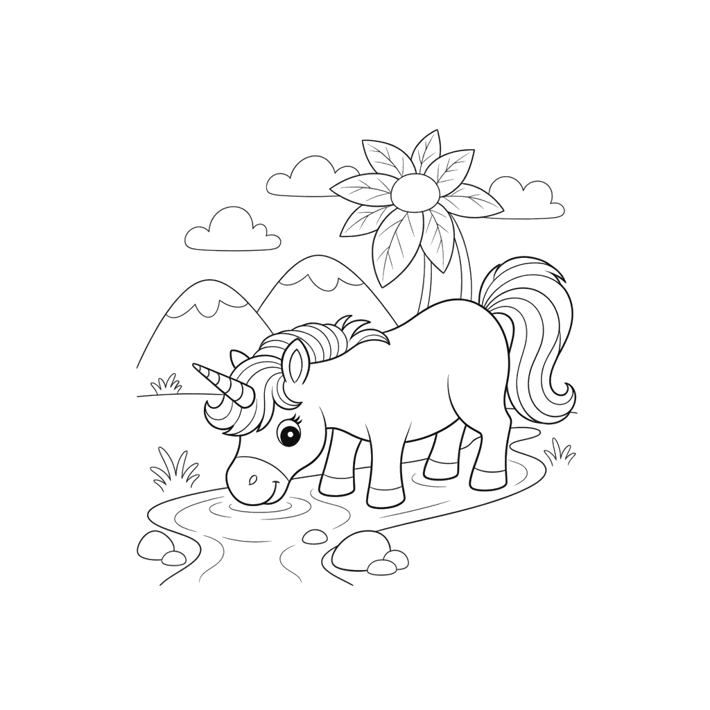 Unicorn Drinking from a Stream Coloring Page