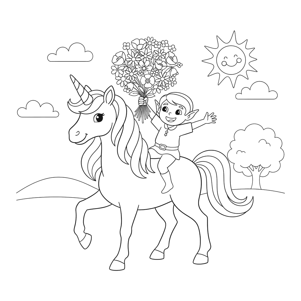 Einhorn und Elf mit Blumen Ausmalbild