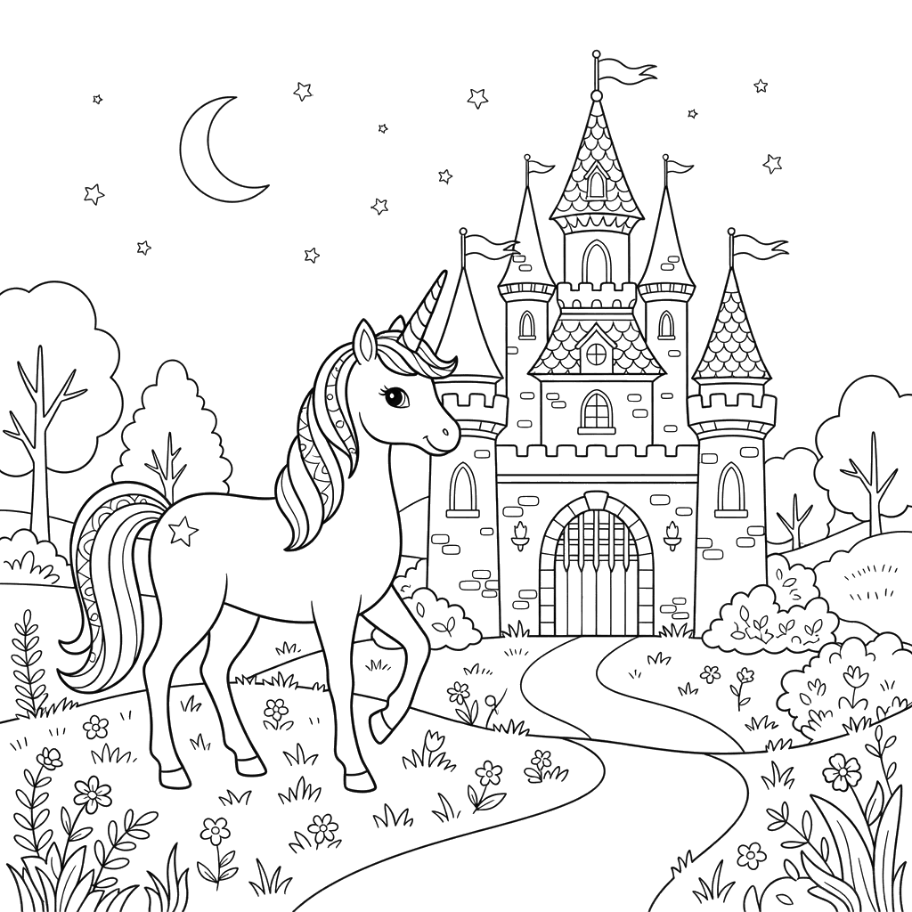 Einhorn am Verzauberten Schloss Ausmalbild