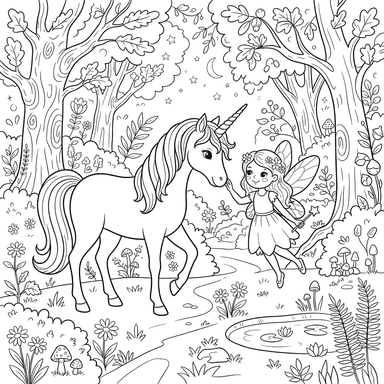 Coloriage Licorne et Fée dans la Forêt Enchantée