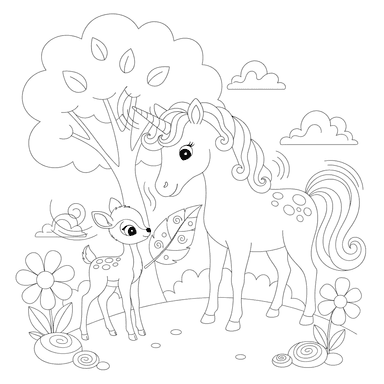 Einhorn und Rehkitz entdecken die Magie der Natur Ausmalbild