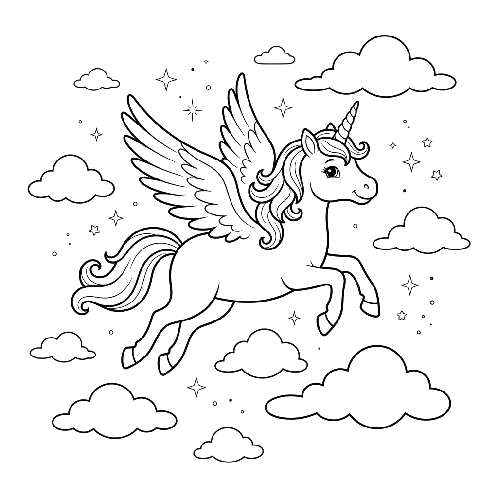 Einhorn im Wolkenflug Ausmalbild