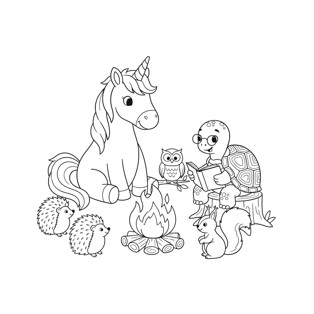 Unicórnio e amigos da floresta para colorir
