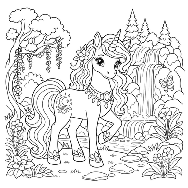 Unicornio junto a la cascada del bosque