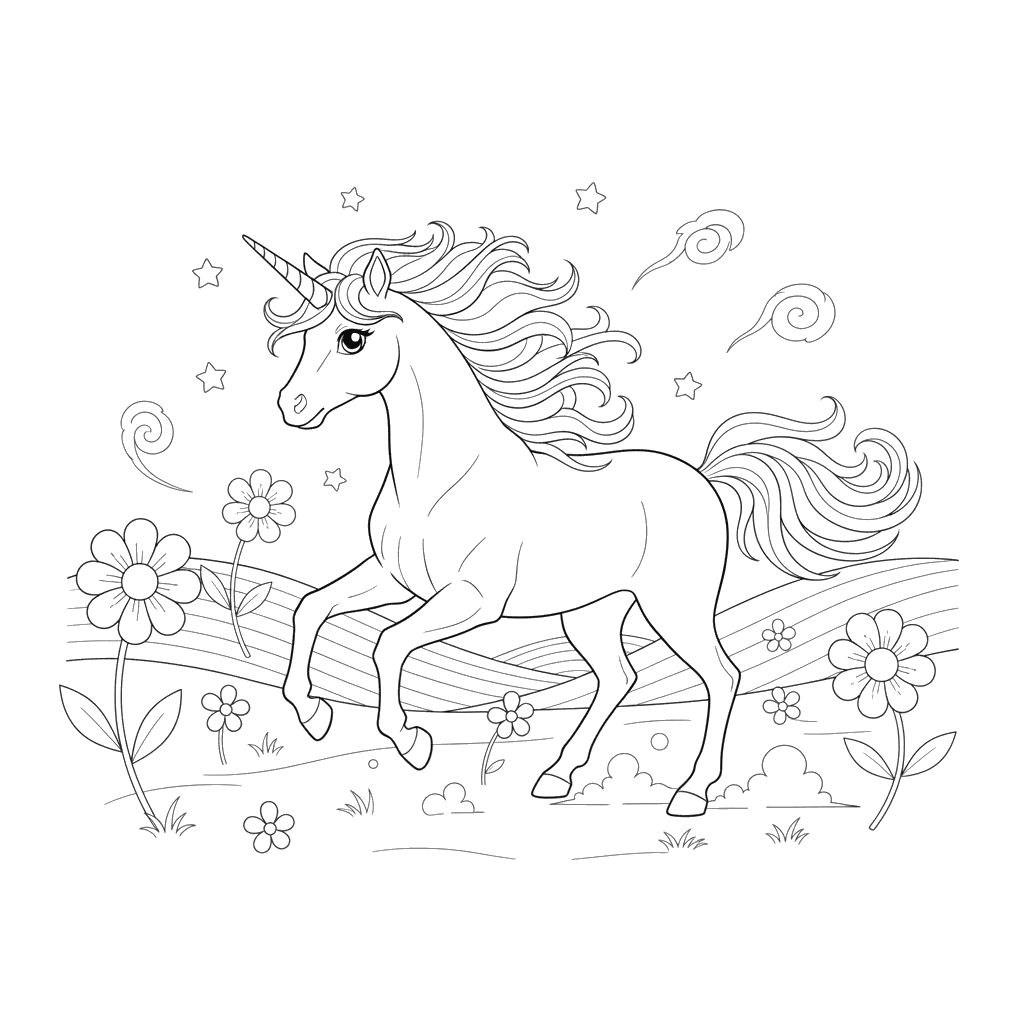 Unicorn Galloping in a Meadow Coloring Page