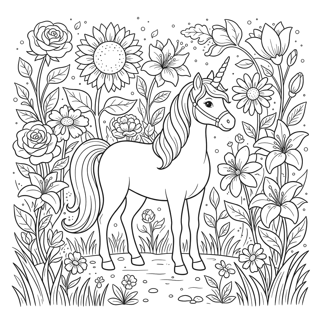 Unicornio entre flores gigantes