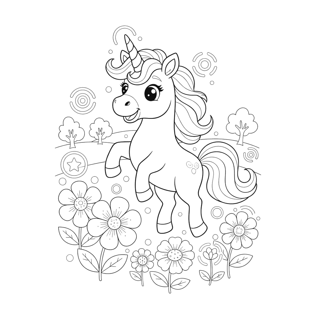 Dibujo para colorear: Unicornio entre flores brillantes