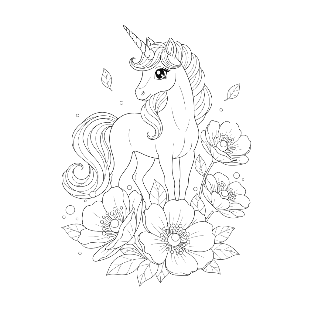 Unicorn and Glowing Flowers Coloring Page