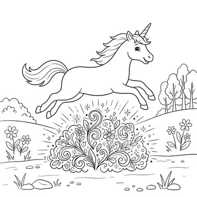 Dibujo para colorear de unicornio saltando un arbusto brillante