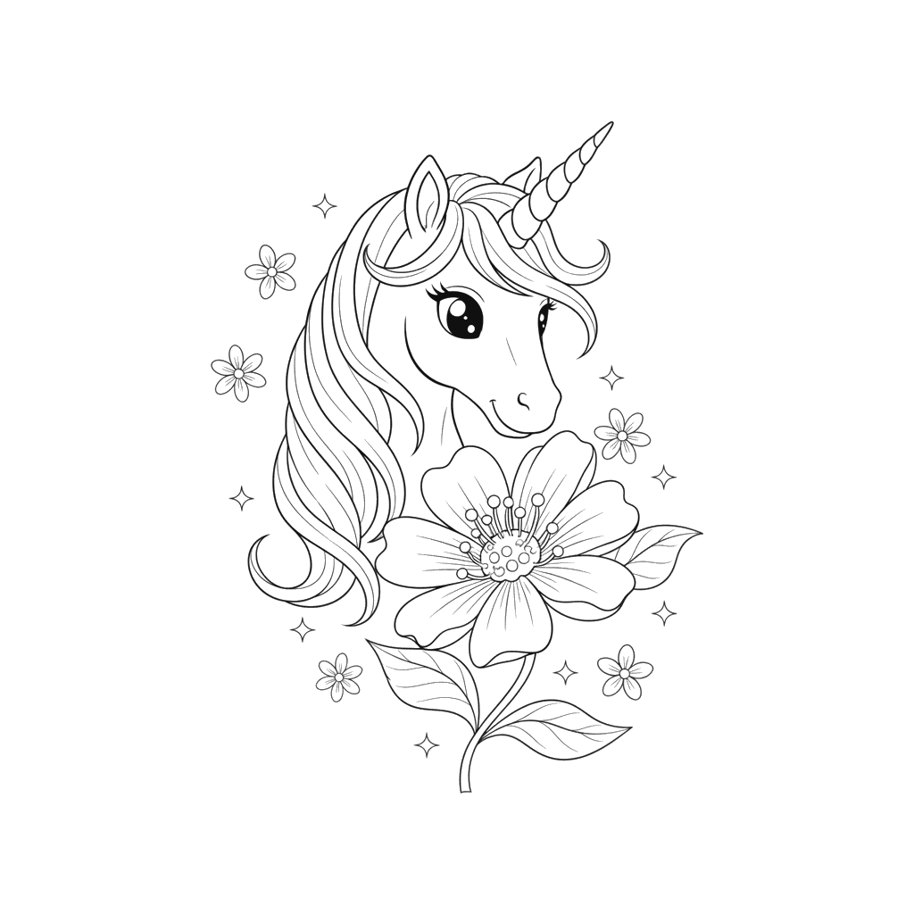 Unicorn Touching a Magic Flower Coloring Page