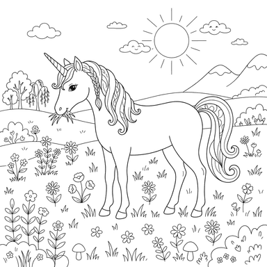 Einhorn auf einer Zauberwiese Ausmalbild