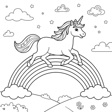 Dibujo para Colorear: Unicornio en Puente Arcoíris