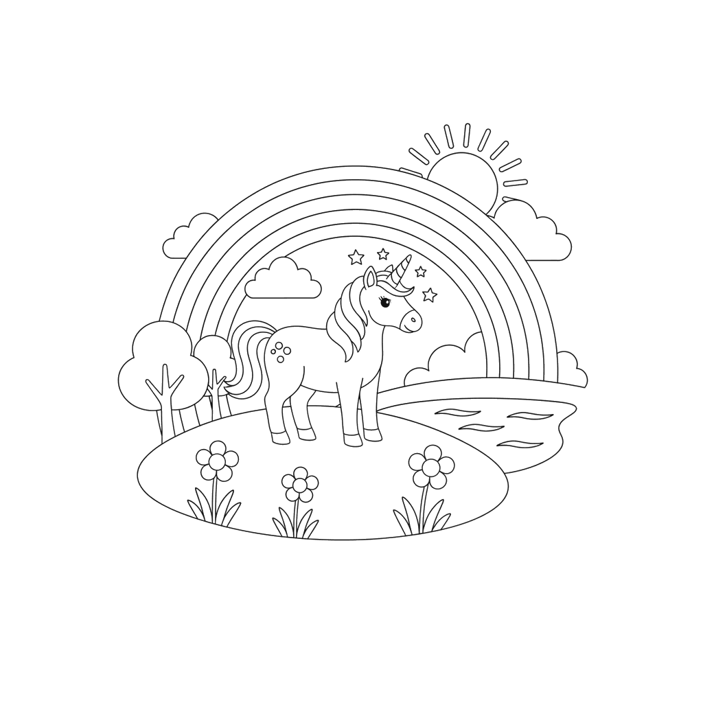 Unicórnio e arco-íris na colina para colorir