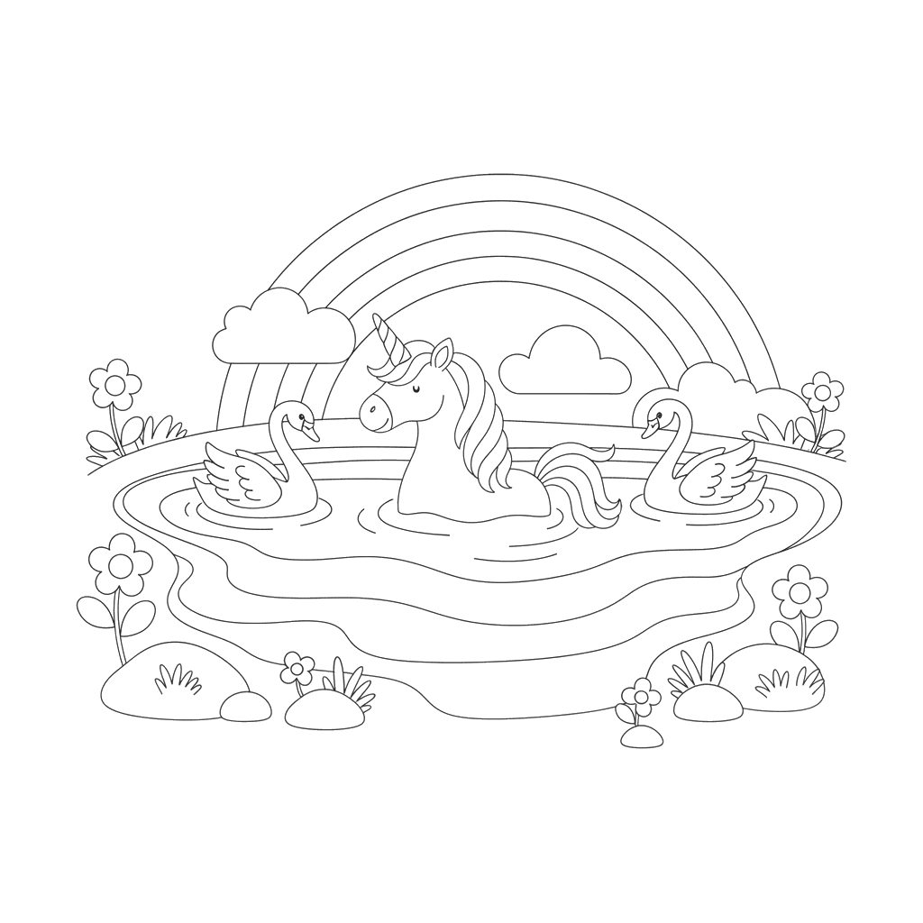 Unicórnio no lago arco-íris para colorir