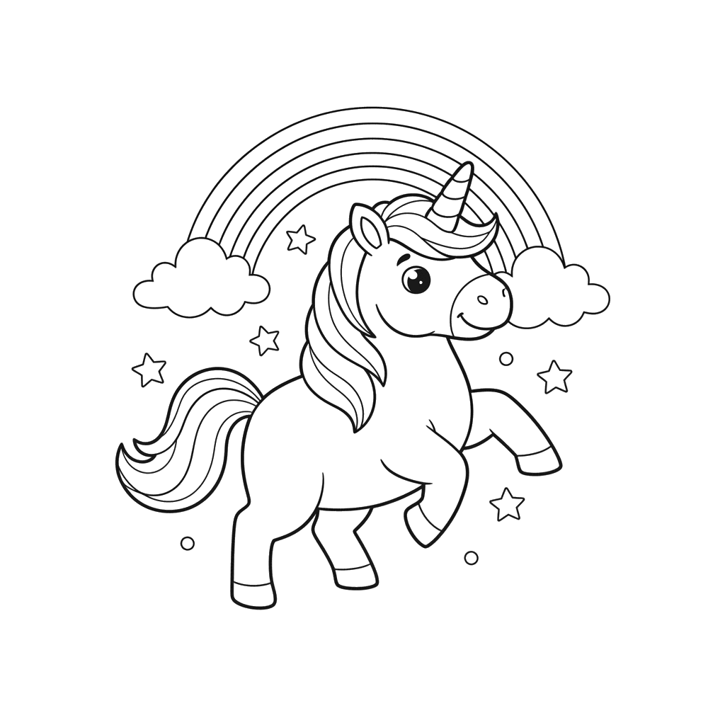 Dibujo para colorear de Unicornio y Arcoíris en el Cielo