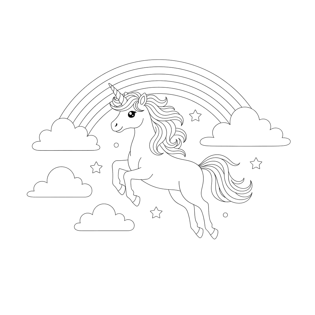 Dibujo para Colorear: Unicornio y Arcoíris en el Cielo