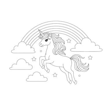 Einhorn und Regenbogen am Himmel Ausmalbild