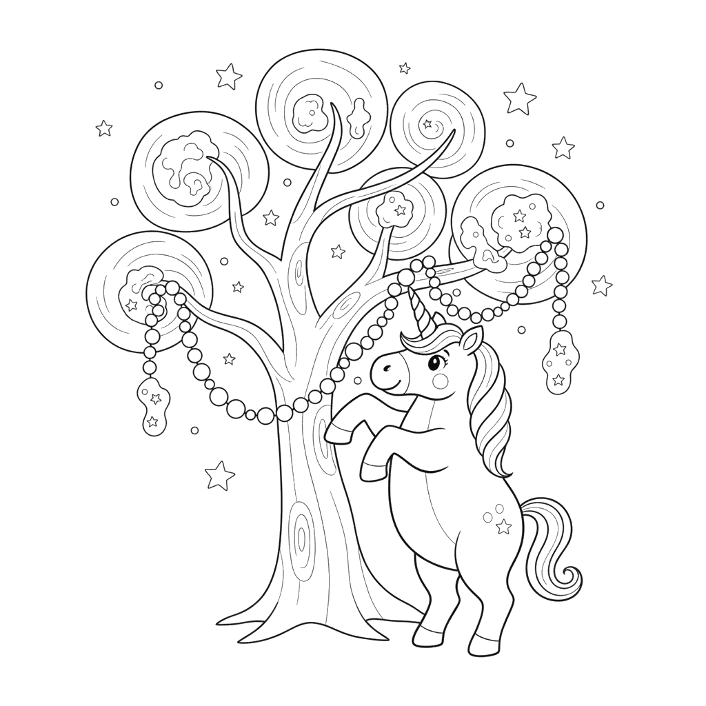 Unicórnio enfeitando árvore para colorir