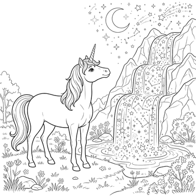 Dibujo para Colorear: Unicornio y Cascada de Estrellas