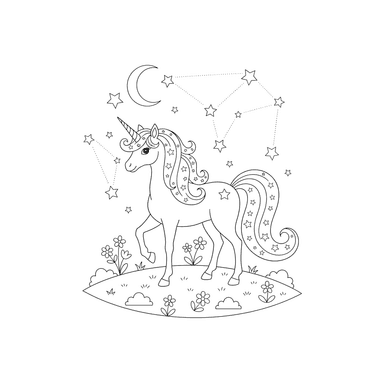Einhorn unter Sternenhimmel Ausmalbild