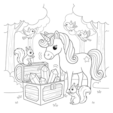 Ausmalbild: Einhorn und Magische Schatztruhe