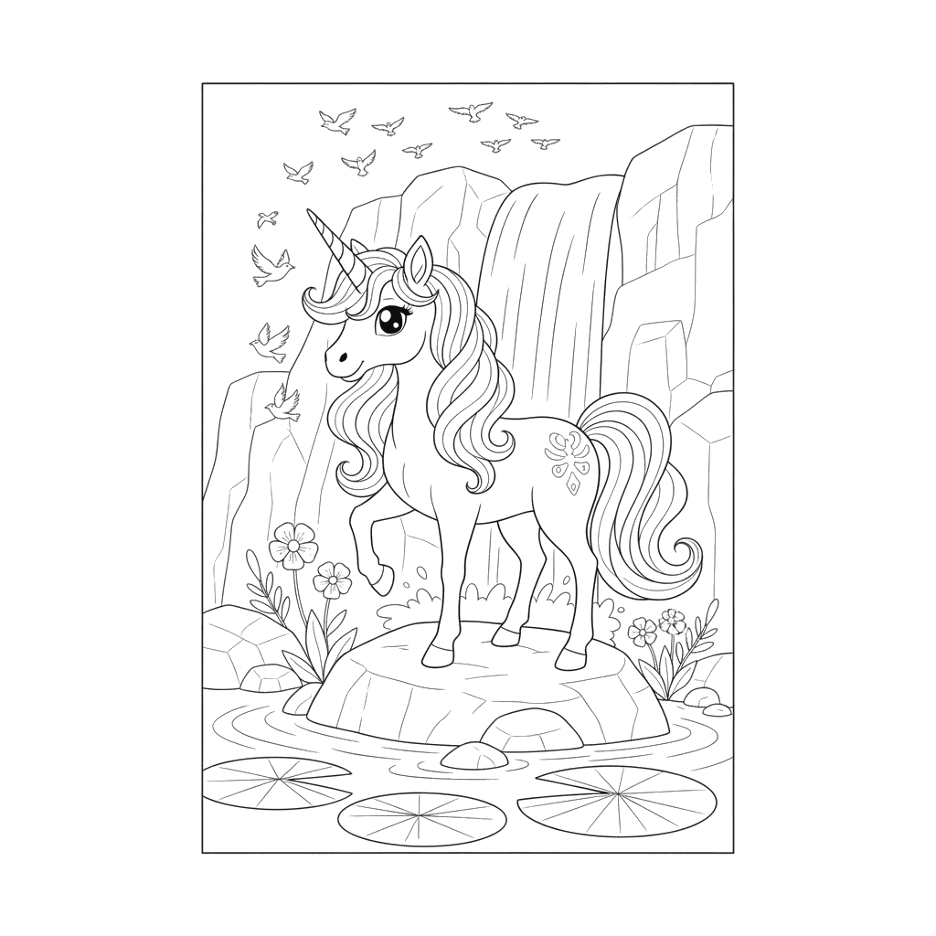 Unicorn at a Waterfall Coloring Page