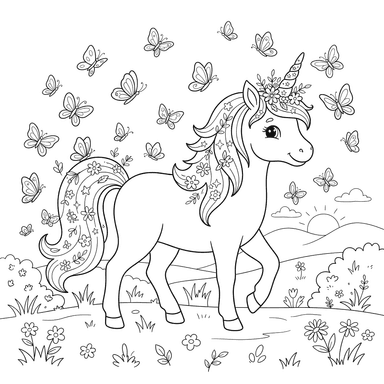 Einhorn Ausmalbild mit Schmetterlingen