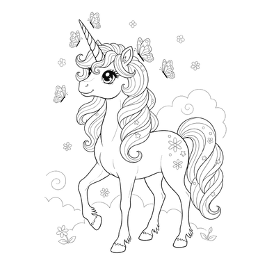 Dibujo para colorear: Unicornio con mariposas