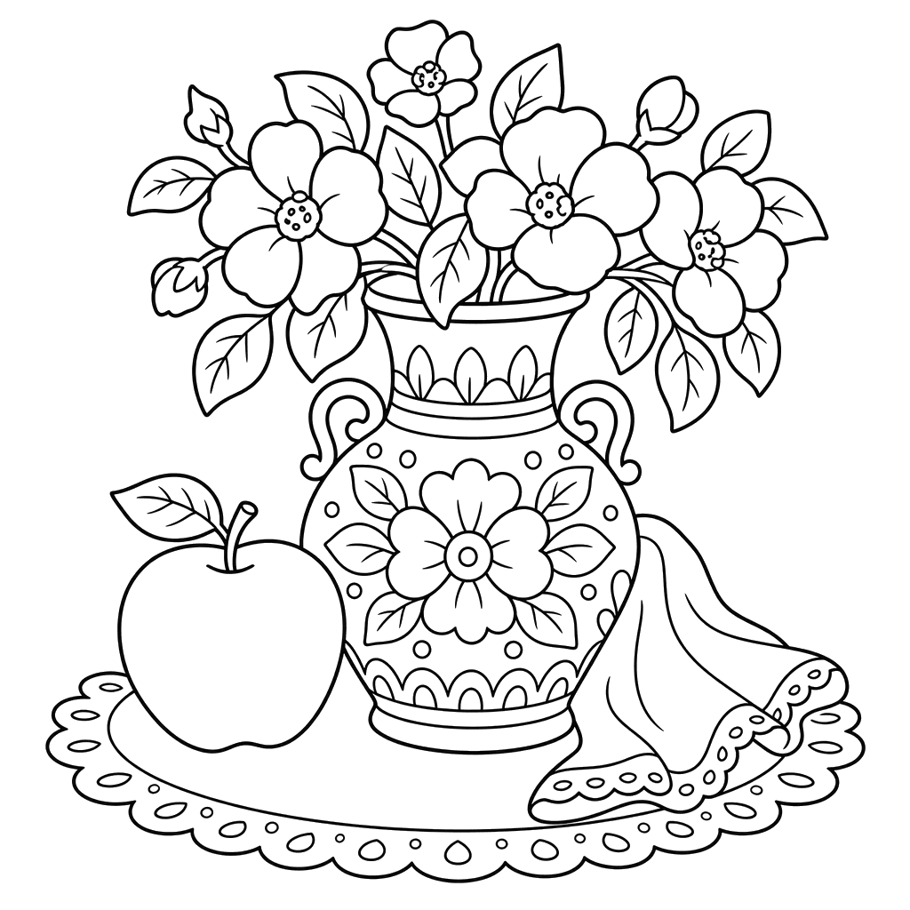Dibujo para colorear: bodegón con jarrón y manzana