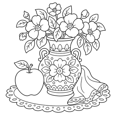 Natureza‑morta com vaso e maçã — desenho para colorir