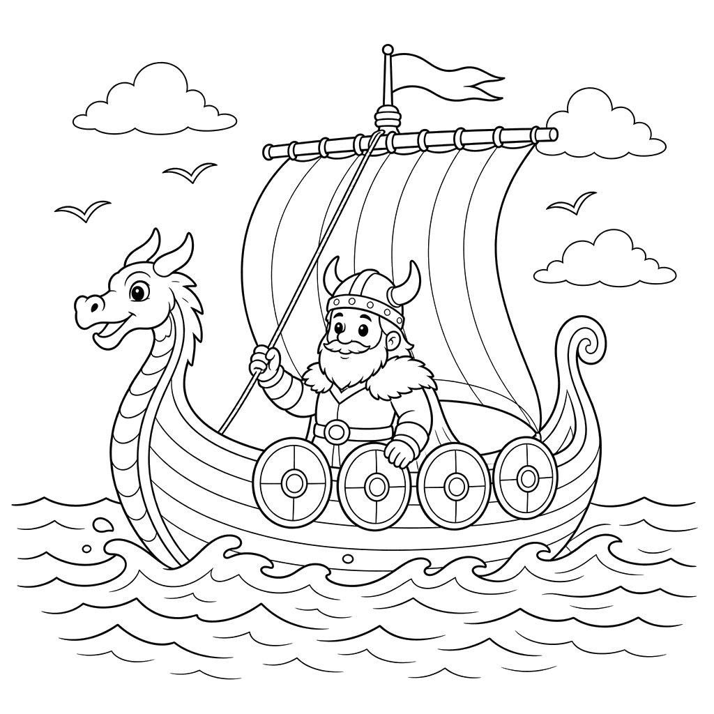 Desenho para colorir: viking em um dragão no mar