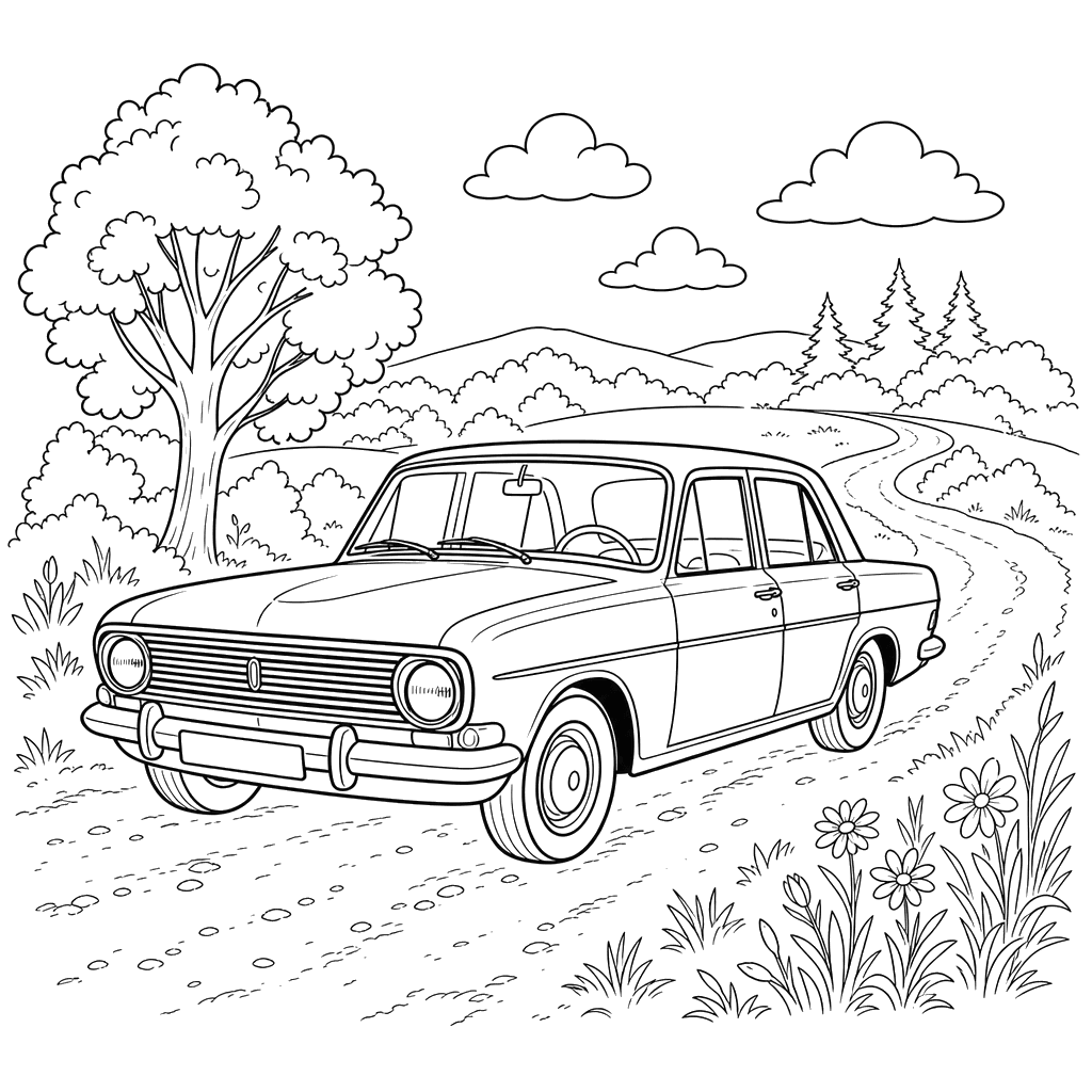 Desenho para colorir: um Volga em uma estrada rural