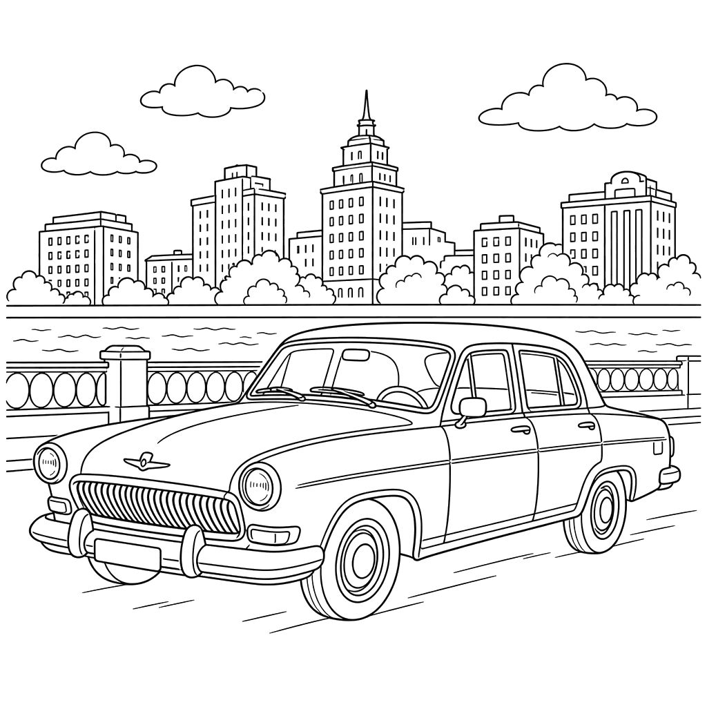 Desenho para colorir: o Volga e edifícios urbanos