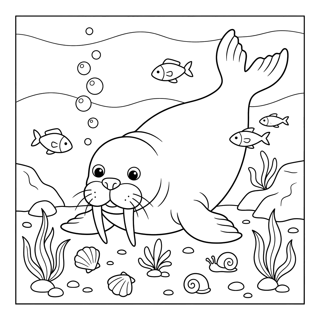 Dibujo para colorear: Morsa buscando comida bajo el agua