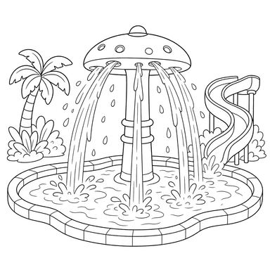 Dibujo para colorear: chorros de agua en la piscina de un parque acuático