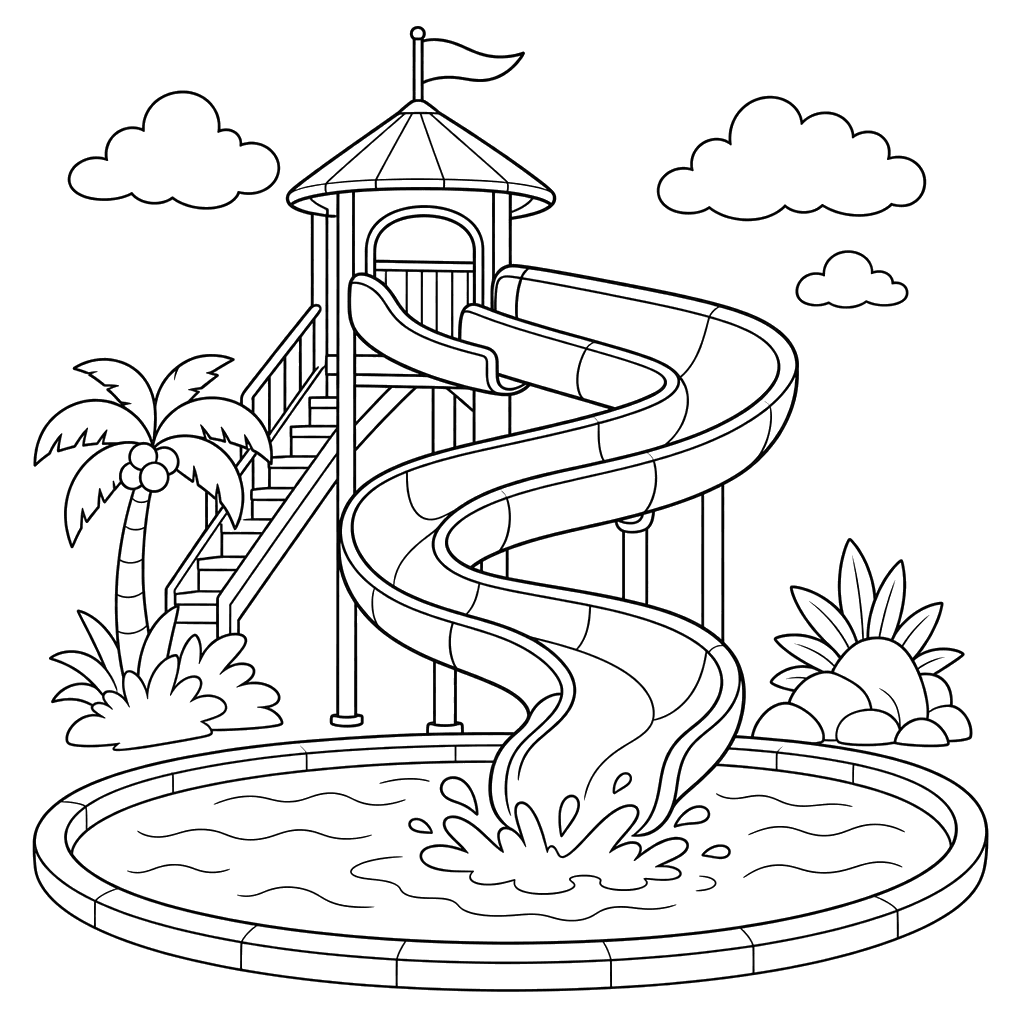 Ausmalbild: Wasserrutschen im Aquapark