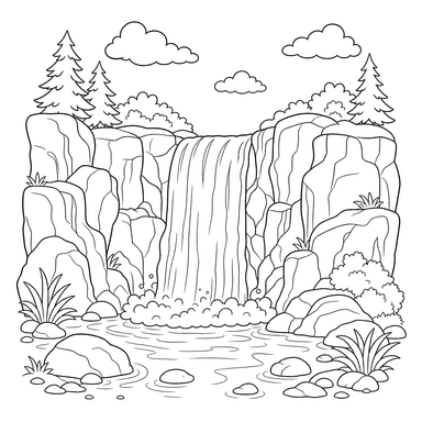 Waterfall Among Cliffs Coloring Page