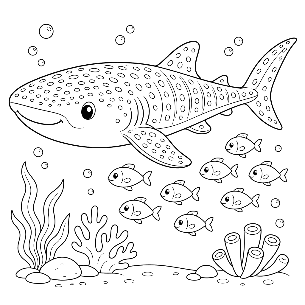 Coloriage Requin-baleine et poissons