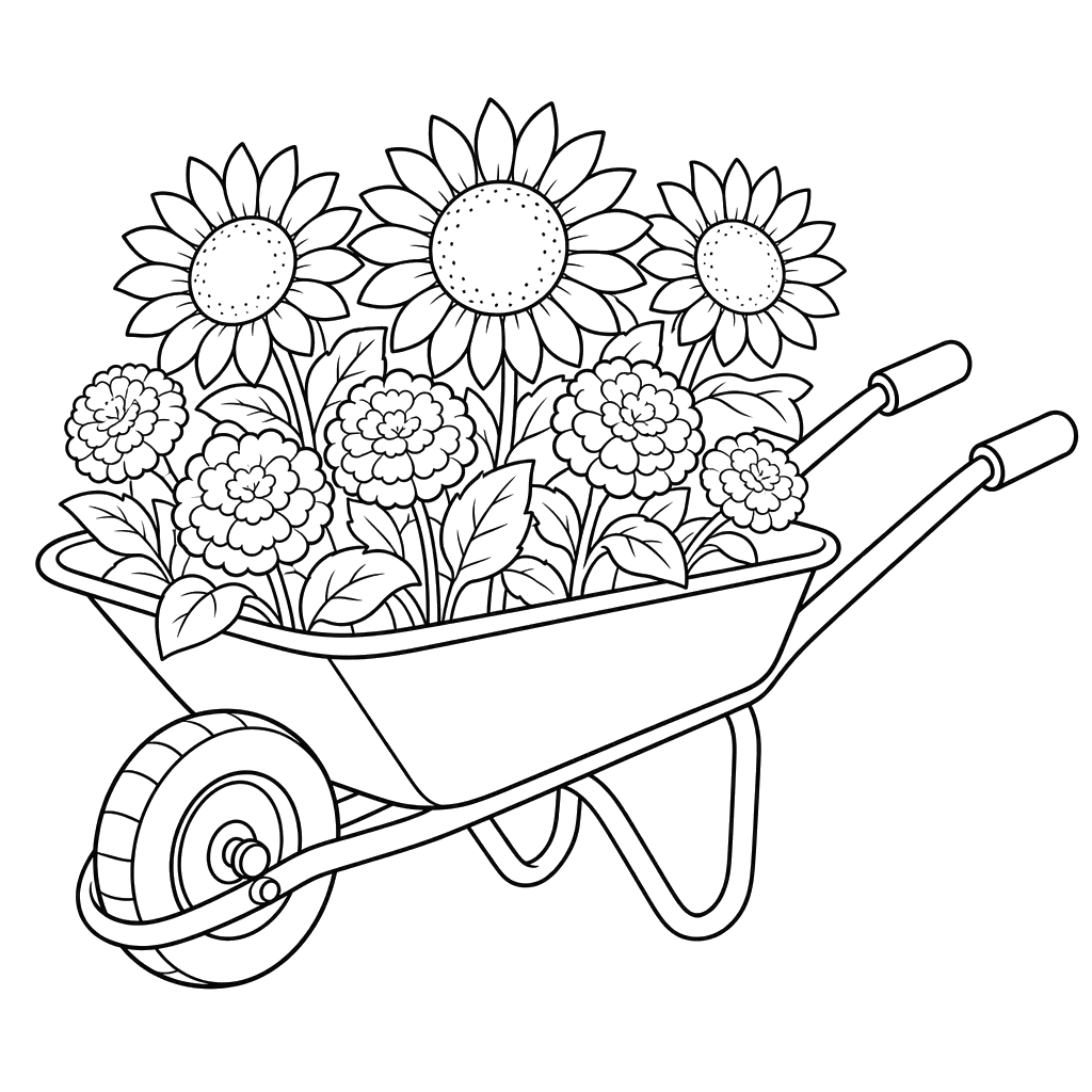 Schubkarre mit Sonnenblumen und Ringelblumen